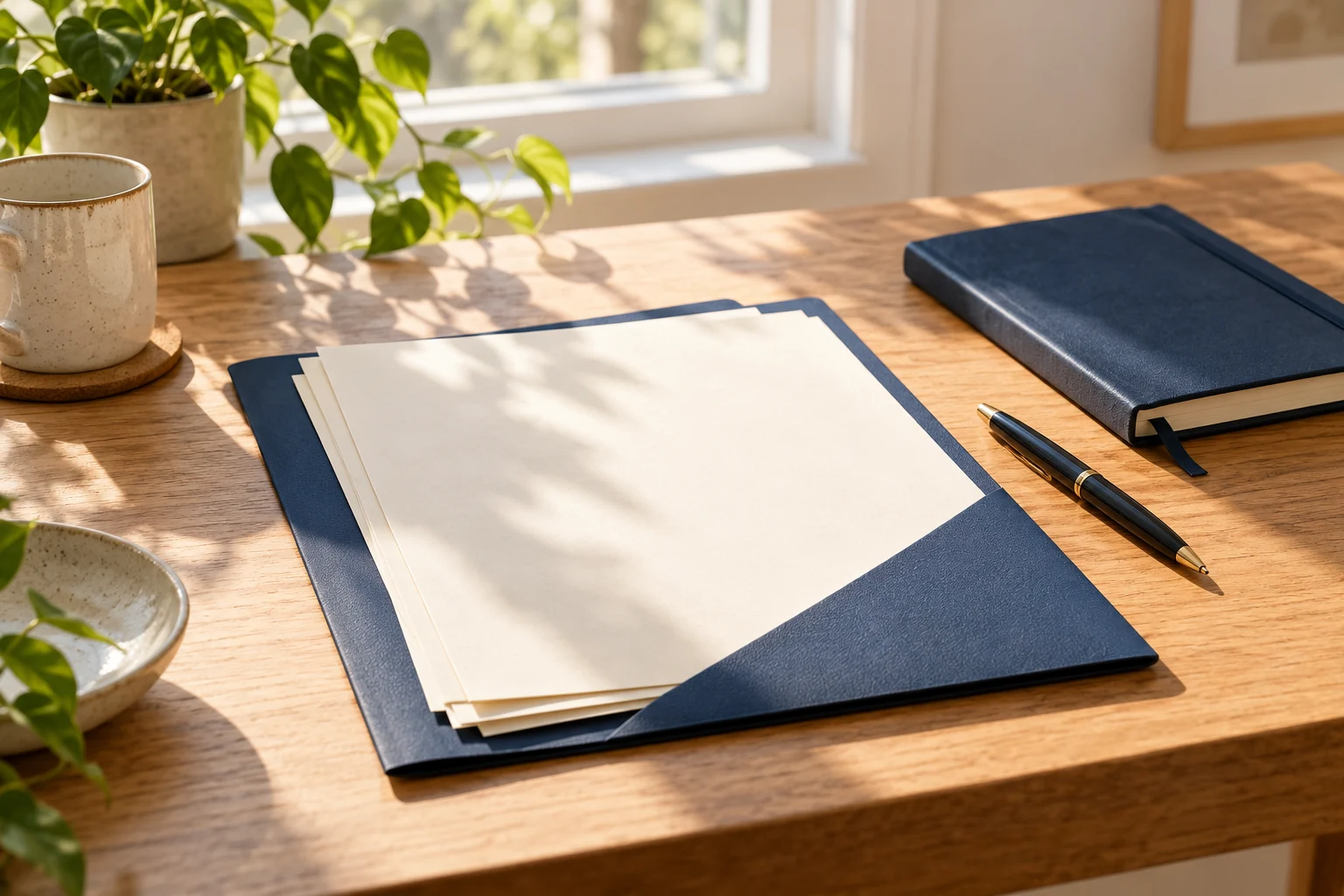 Illustrative scene of papers and a navy folder on a sunlit desk.